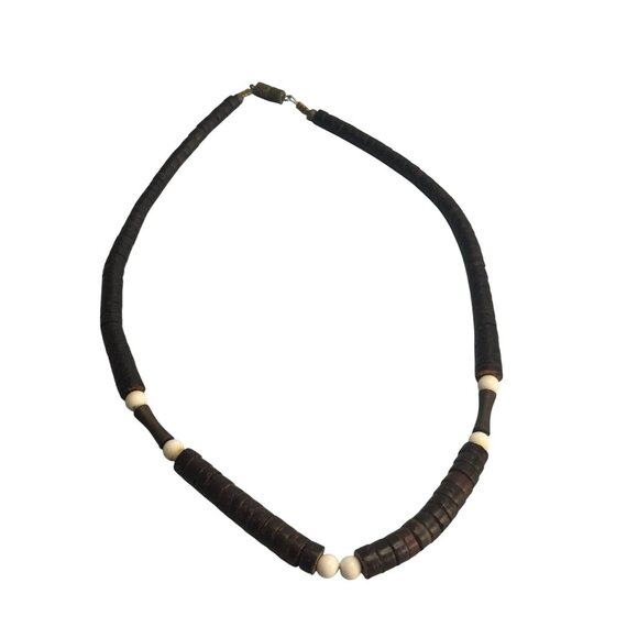 Heshi Style Wood Beads Tribal Folk Art Necklace Brown White 17 Inch Vintage - Picture 5 of 5